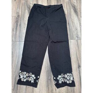 Talbots Womens Black Stretch Cotton Blend Floral Embroidered Pants Size 10